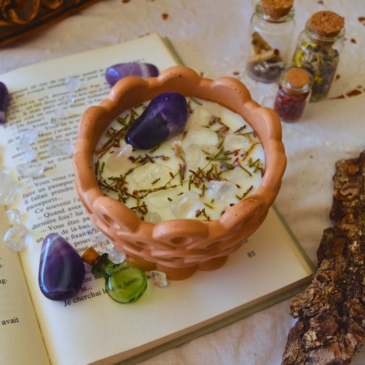 Bougie d'intention sérénité — Améthyste et Cristal de roche (sabbat Imbolc)