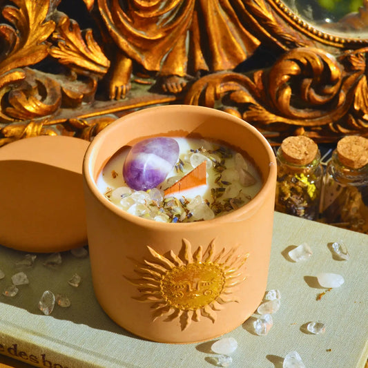 Bougie d'intention Sérénité · Améthyste et Cristal de roche · Sabbat Imbolc