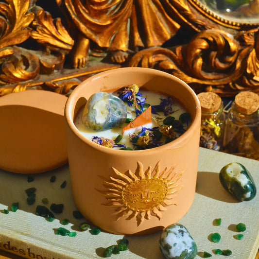 Bougie d'intention Renouveau · Agate mousse et Aventurine verte · Sabbat Ostara