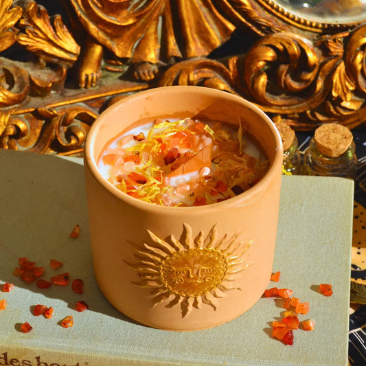 Bougie d'intention Rayonnement · Pierre de Soleil et Cornaline · Sabbat Litha