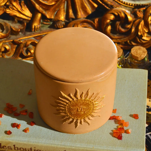 Bougie d'intention Rayonnement · Pierre de Soleil et Cornaline · Sabbat Litha