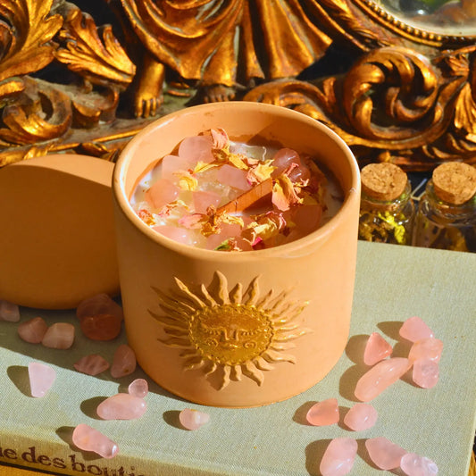 Bougie d'intention Amour de soi · Quartz rose et Cristal de roche · Sabbat Beltane