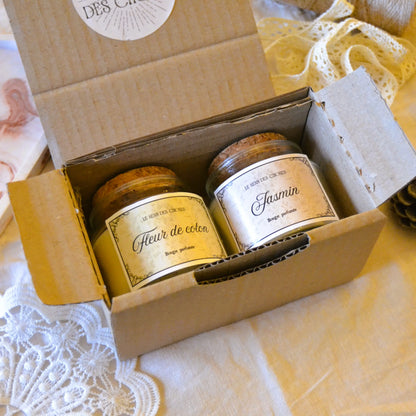 Image de Coffret-cadeau — deux petites bougies parfumées artisanales au choix | Le sens des choses – boutique artisanale éthique de bougies parfumées et savons naturels fabriqués en France
