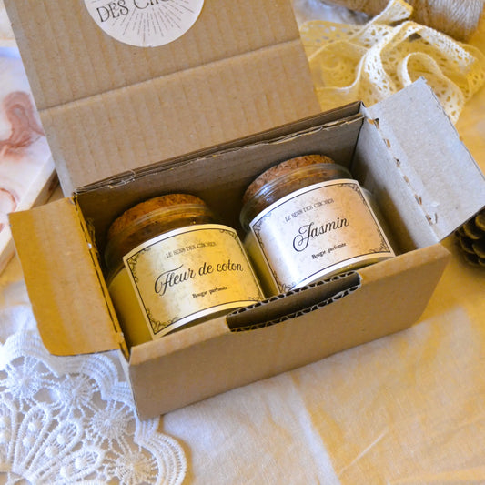 Image de Coffret-cadeau — deux petites bougies parfumées artisanales au choix | Le sens des choses – boutique artisanale éthique de bougies parfumées et savons naturels fabriqués en France