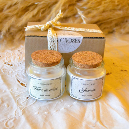 Image de Coffret-cadeau — deux petites bougies parfumées artisanales au choix | Le sens des choses – boutique artisanale éthique de bougies parfumées et savons naturels fabriqués en France