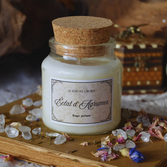 Bougie parfumée artisanale Éclat d’agrumes – Création artisanale | Le sens des choses – Boutique de bougies parfumées végétales et objets décoratifs écoresponsables