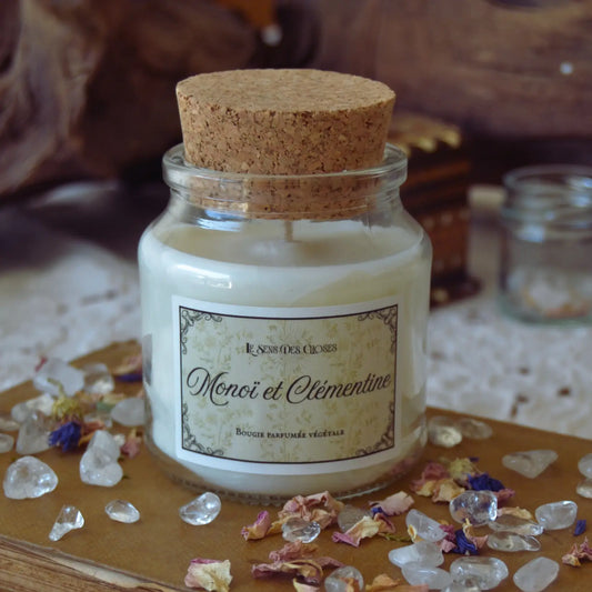 Bougie artisanale parfumée Monoï et Clémentine – Création artisanale | Le sens des choses – Boutique de bougies parfumées végétales, décorations et savons