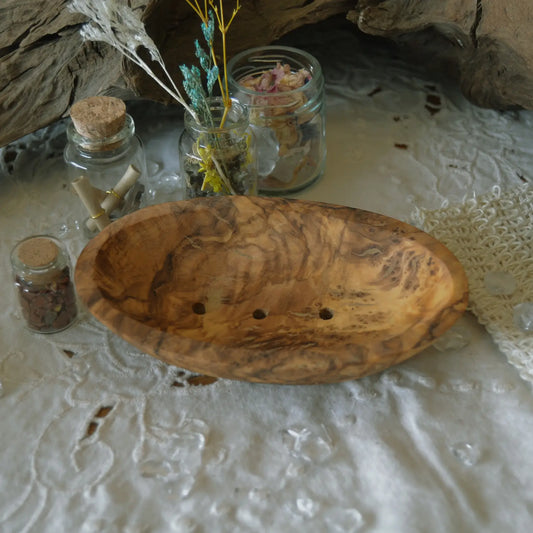 Porte-savon oval en bois d’olivier artisanal | Accessoire zéro déchet et écoresponsable